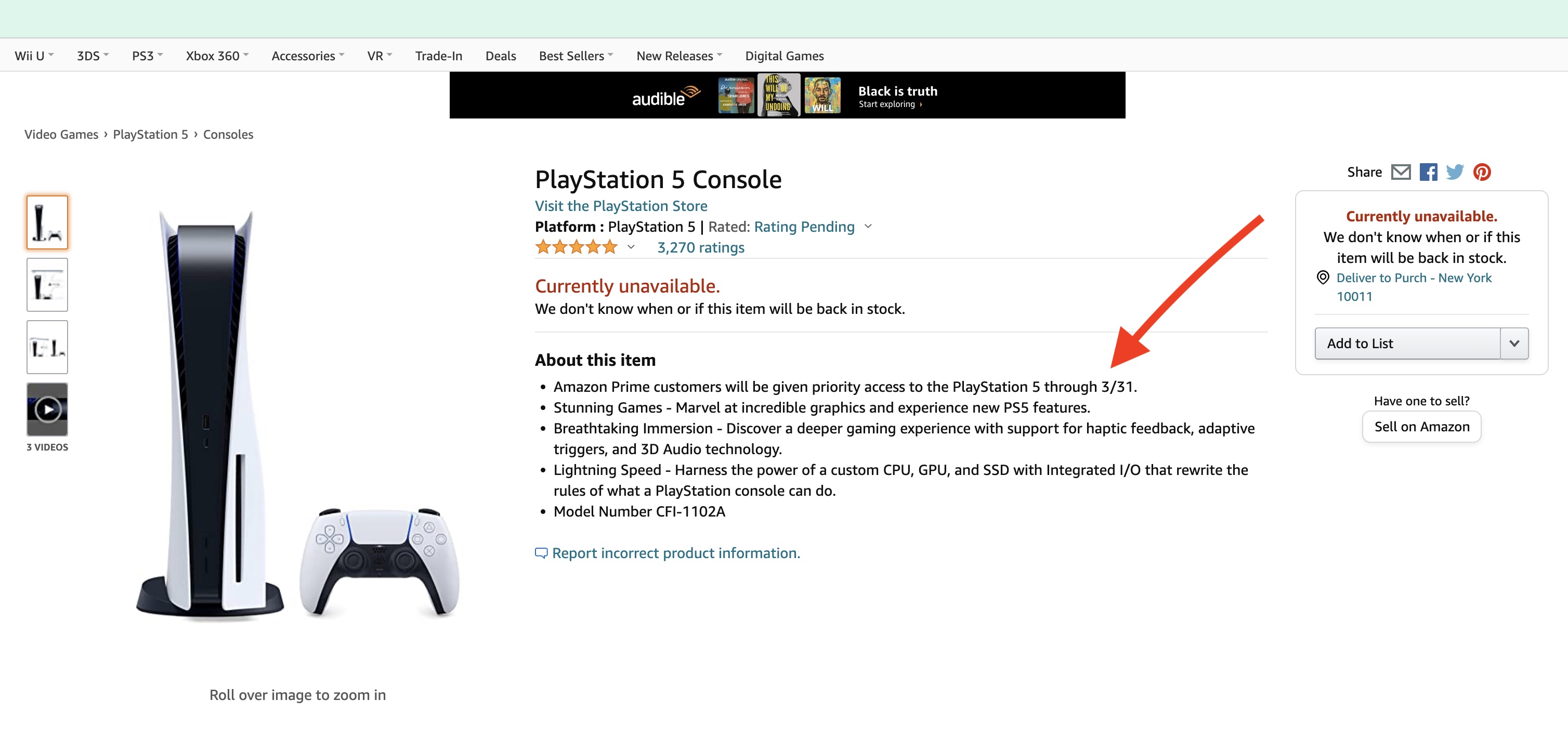 Página de producto de Amazon PS5