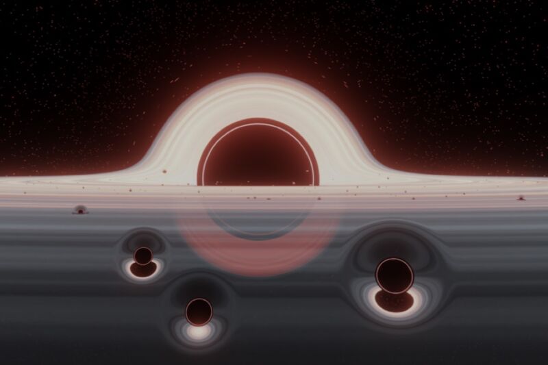 Ilustración de un enjambre de pequeños agujeros negros en un disco de gas que orbita un agujero negro supermasivo.