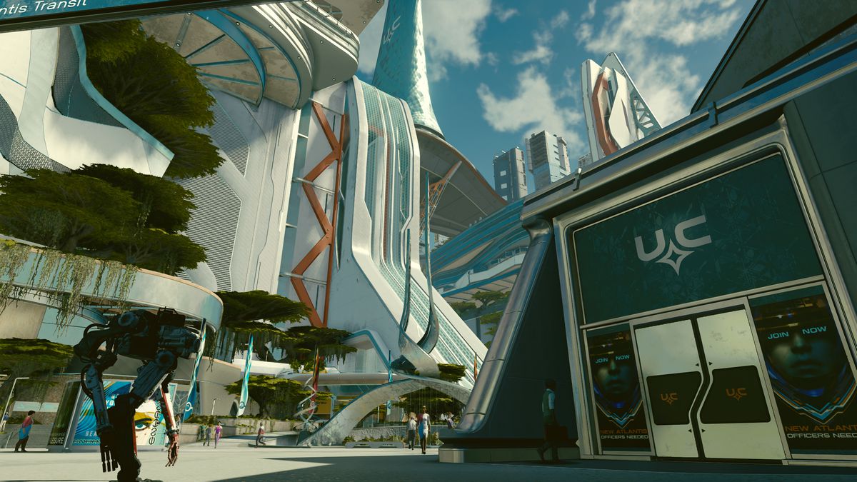 Captura de pantalla de Vasco, el robot compañero del jugador, parado frente a un edificio en New Atlantis de Starfield.