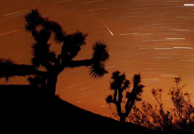 Se ven varios meteoros cruzando el cielo durante la lluvia de meteoros Leónidas sobre el Parque Nacional Joshua Tree, California, en esta exposición de aproximadamente 25 minutos el 18 de noviembre de 2001.