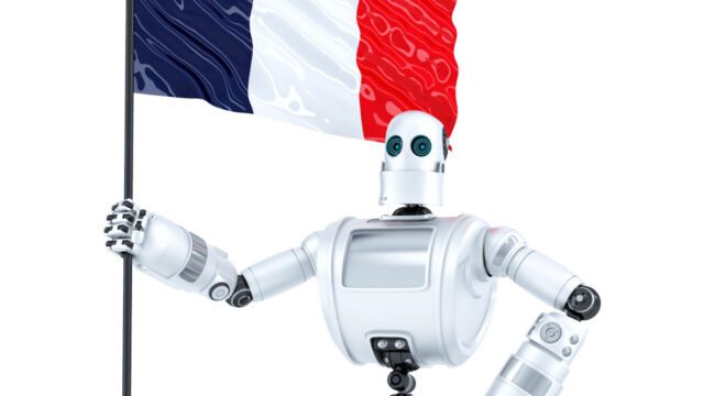 Ilustración de un robot sosteniendo una bandera francesa, que refleja metafóricamente el auge de la inteligencia artificial en Francia debido a Mistral.  Es difícil dibujar el retrato de un Maestro en Derecho, por lo que tendrá que hacerlo un robot.
