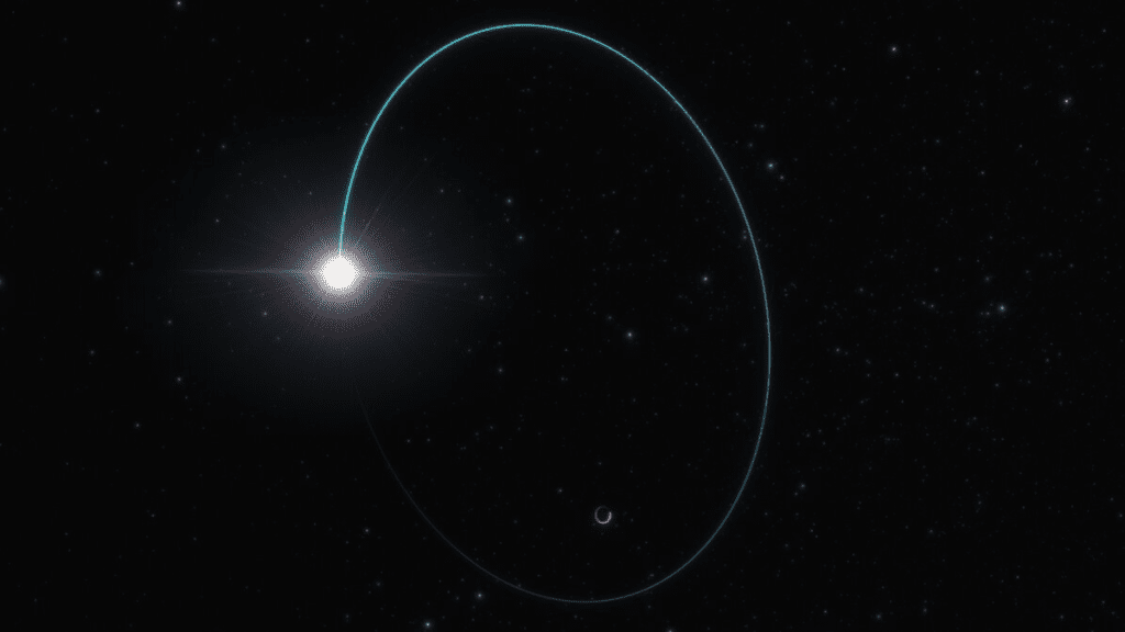 illustration showing a bright ball of white light in deep space, with a blue arc curving away from it