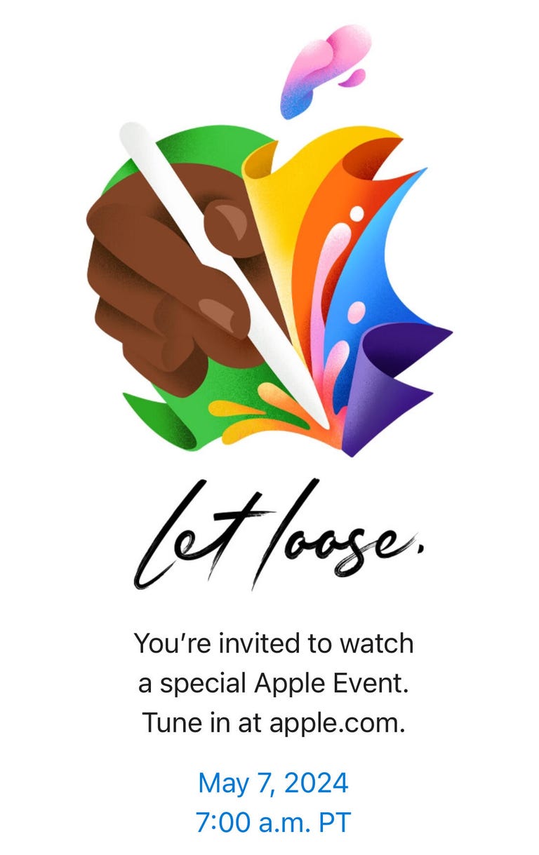 Una invitación a un evento que presenta un dibujo colorido y estilizado del logotipo de Apple con una mano sosteniendo un Apple Pencil.