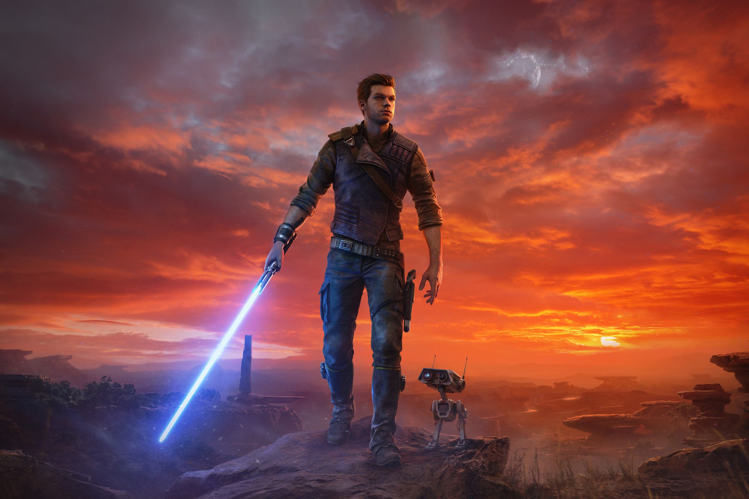 La imagen de portada de Star Wars Jedi: Survivor, que muestra al personaje principal Cal Kestis y su droide, BD-1, contra un fondo desolado.