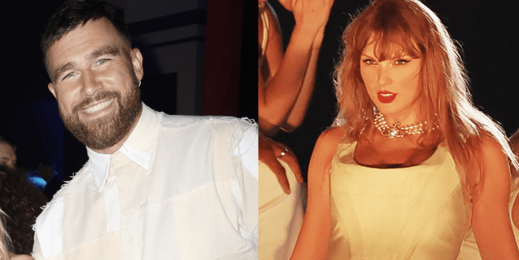 Travis Kelce reacciona cuando Taylor Swift canta "So High School" en un show de París