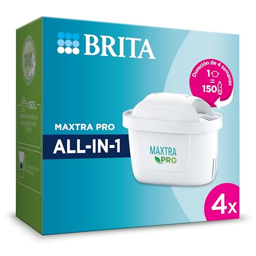 BRITA Cartucho de filtro de agua MAXTRA PRO All-in-1 pack 4 - Recambio original BRITA que reduce las impurezas, el cloro, los pesticidas y la cal para obtener agua del grifo con mejor sabor